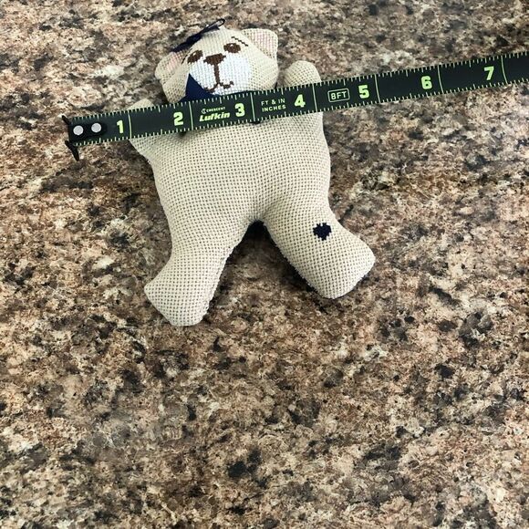 Handmade Cross Stitch Teddy Bear Stuffed Animal Blue Bow Heart Accent Decor - Picture 8 of 8
